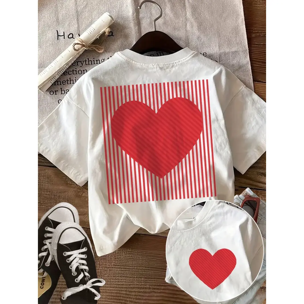 Women's Fitted Cotton Short-Sleeve Graphic Tee - White Red Heart Print, Valentine's Day Outfit, Casual Streetwear Summer Top, Soft Breathable Everyday Wear Gift