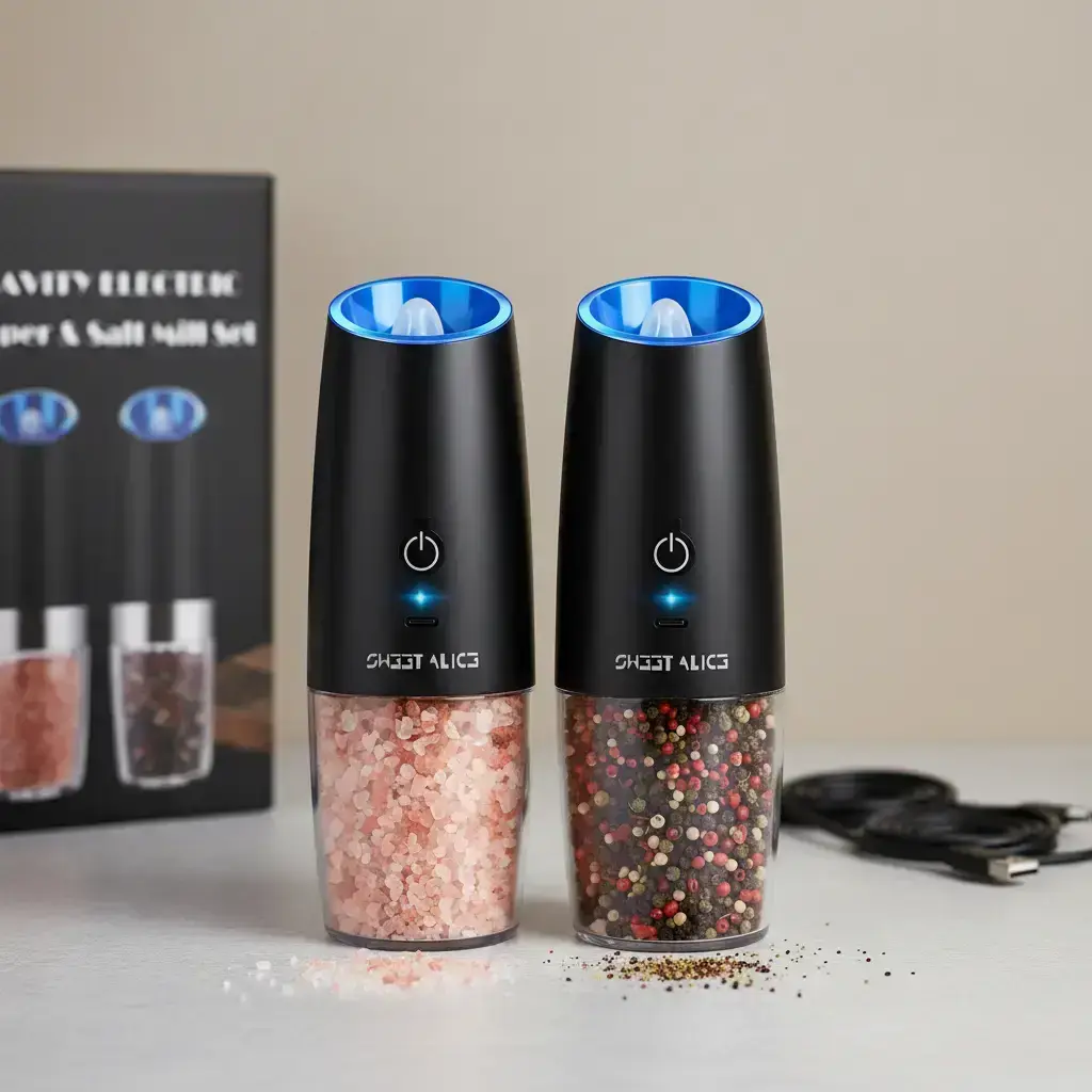 Electric Pepper & Salt Grinding Machine Set, 2 Counts/set USB Charging Grinding Machine with Gravity Sensing Switch and LED Light, Cooking Kitchen Seasoning Utensils, Salt Pepper Shaker, Kitchen Gadgets