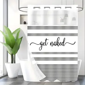 LVRLVR 1pc Funny "Get Naked" Striped Shower Curtain with Sheer Top Window, Detachable Liner & No Hook C-Ring, 70.8" x 74"