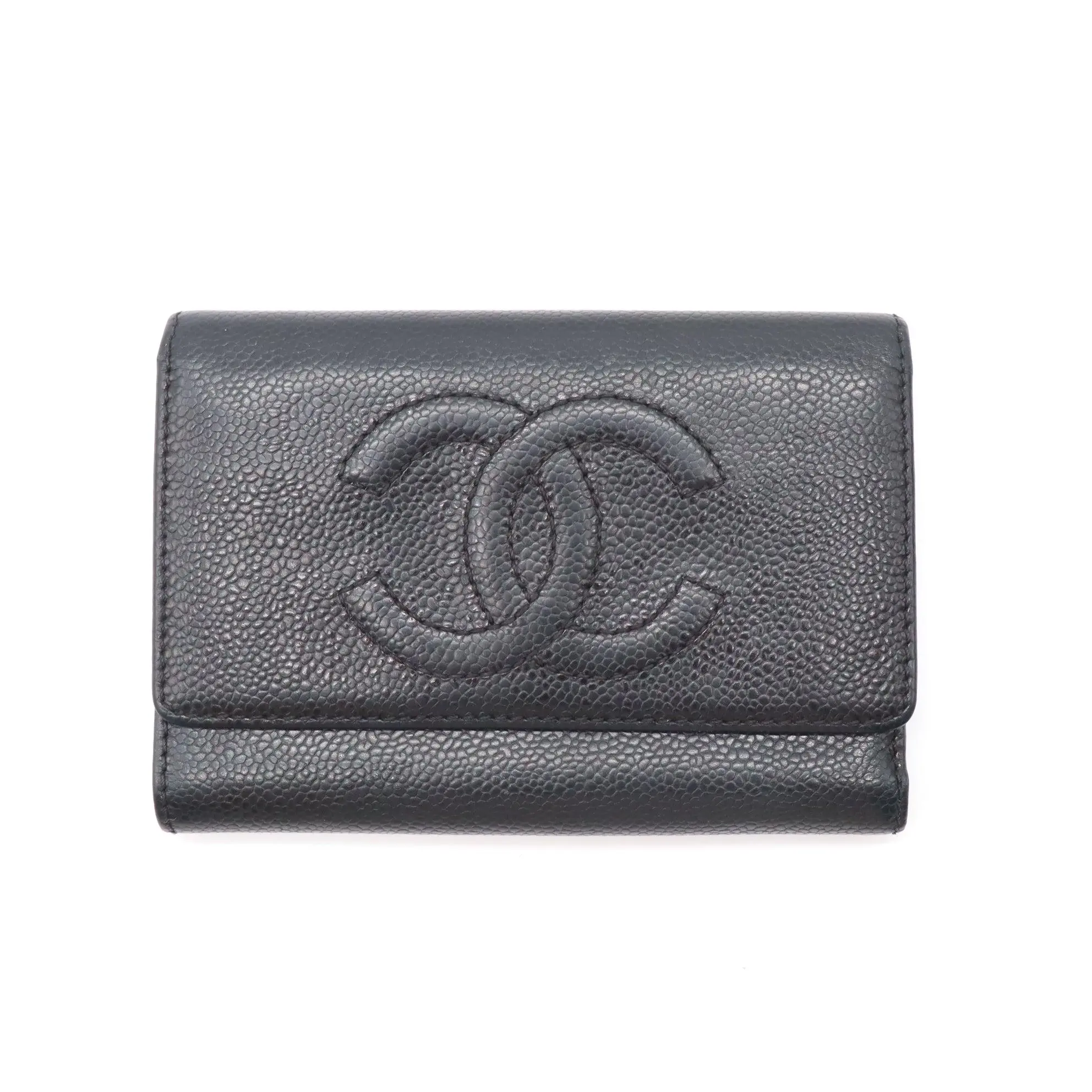 Pre-owned CHANEL Leather Small Leather Goods Black Caviar Bifold Wallet W21654