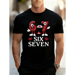 Black T-shirt with Colorful Cartoon Number 6 & 7 Design | Red White Polka Dots, Cheerful Faces, Gloved Hands, Heart Details, 'SIX SEVEN' Text, Muscular Build Man Outdoor Style, Crew Neck, Regular Fit, Slight Stretch Fabric for Summer