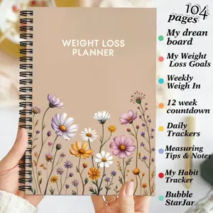 1-pack Fitness Logbook - Floral Fitness Planner, featuring diet tracking, progress recording and goal setting functions - Compact home gym, walking and weight loss plan schedule - 14.5x21 cm beginner organizer book