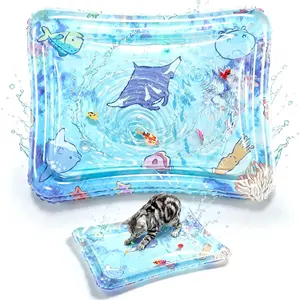 PURETOY Cat Enrichment Water Mat with Glowing Fish, TPU Thickened Leak-Proof Sensory Toy with Air Pump, Hot & Cold Cooling Pad for Indoor Cats