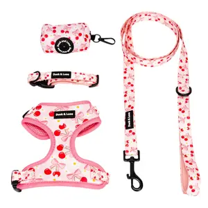 Duck & Luca 4-Piece Pet Bundle - Cherry Bow Design for Dogs - Includes Harness, Leash, Collar, and Poop Bag