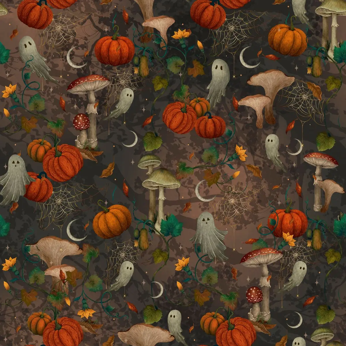 Fabric Blank Quilting Charcoal Mushrooms and Ghosts Harvest Haunt by the Quarter Yard 4806-97