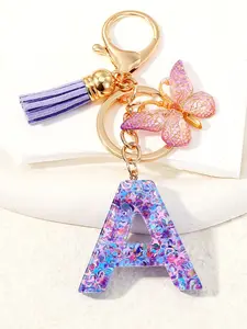 1pc/Initial keychains accessories key rings Purple sequined resin letter keychain pendant - Butterfly tassel accessory - Attractive - Trendy Cute Keychain - Headphone backpack car accessory - Preferred gift choice Keychain Kawaii, Keychain for Bags