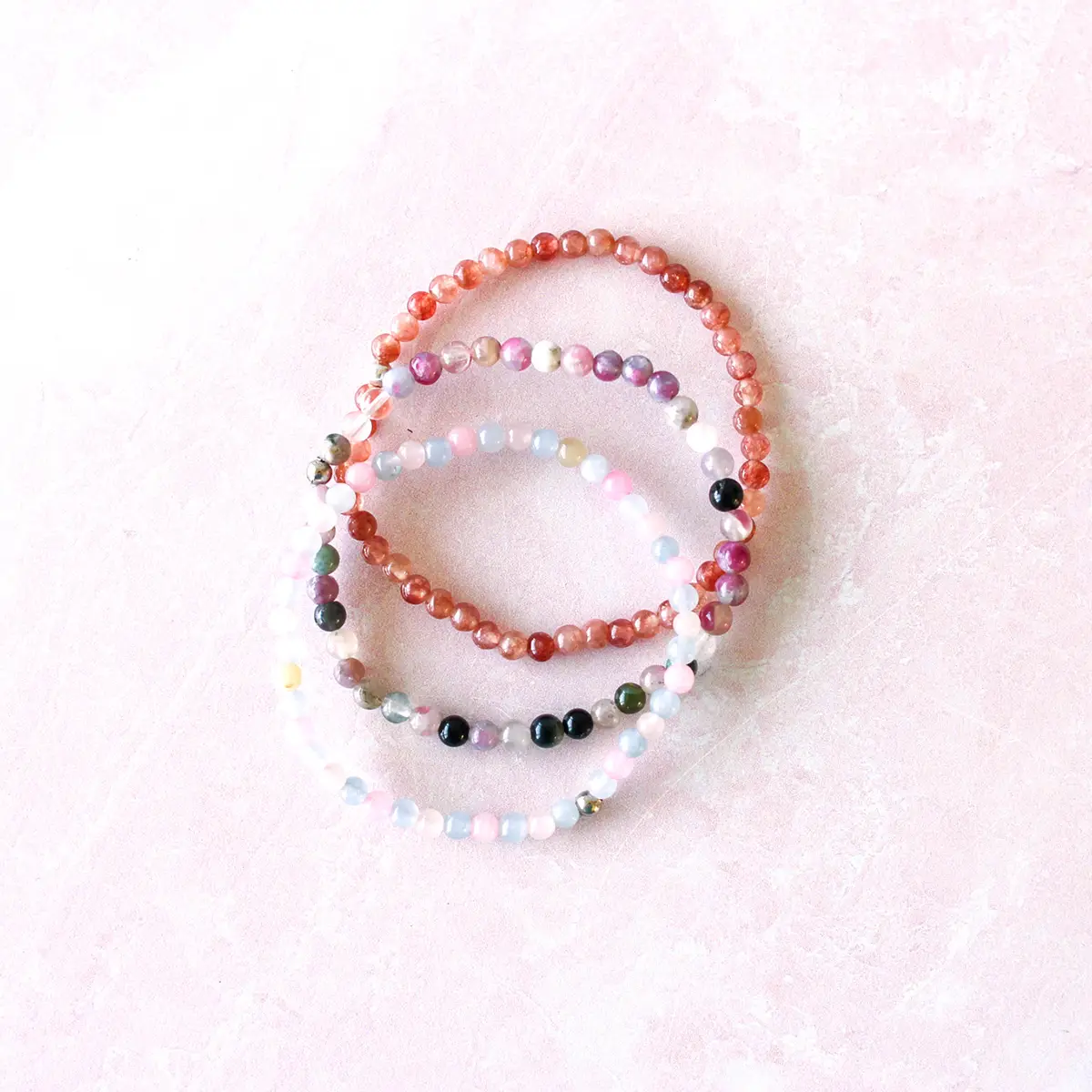 Goddess Sunstone, Morganite, Rainbow Tourmaline Natural Crystal Bracelet Set | 4mm Dainty