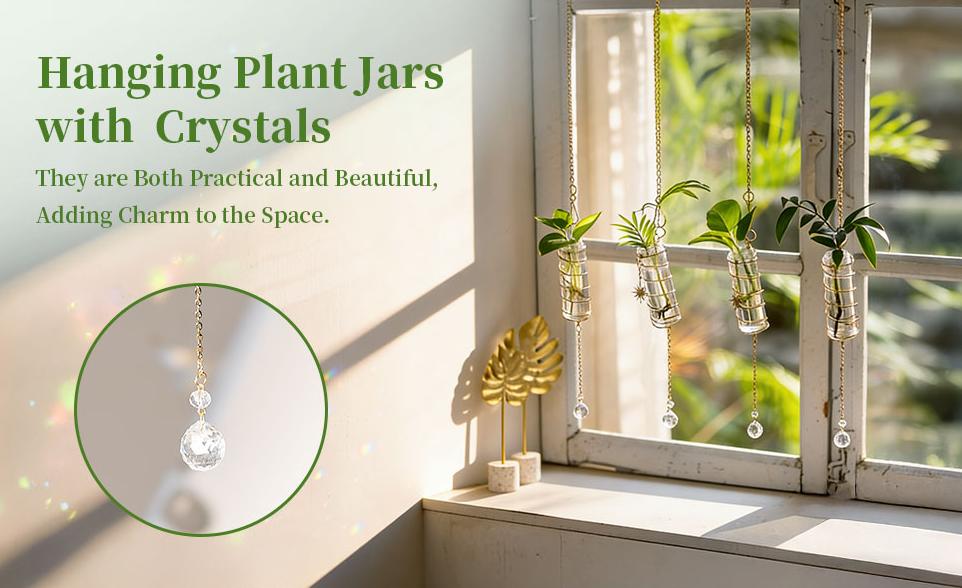 Glasseam 4Pcs Hanging Propagation Stations with Crystal Suncatchers, Glass Tubes Jars with Metal Chain Glass Wall Planters for Indoor Plants Hydroponics