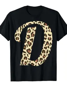 Leopard Animal Print Monogram Initial Name Letter D T-Shirt| Same Style for Men and Women,  Summer, Short-Sleeved, Printed, Pure 220G, Crew Neck, Regular Fit, All-Season