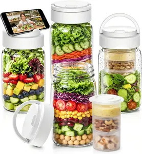 CLEANGOR 4 Pack Glass Salad Jars Meal Prep, 32 oz Mason jars, Leakproof Lunch Containers with Handle and 3-Layer Compartments for Wet/Dry Separation and Dressing Storage