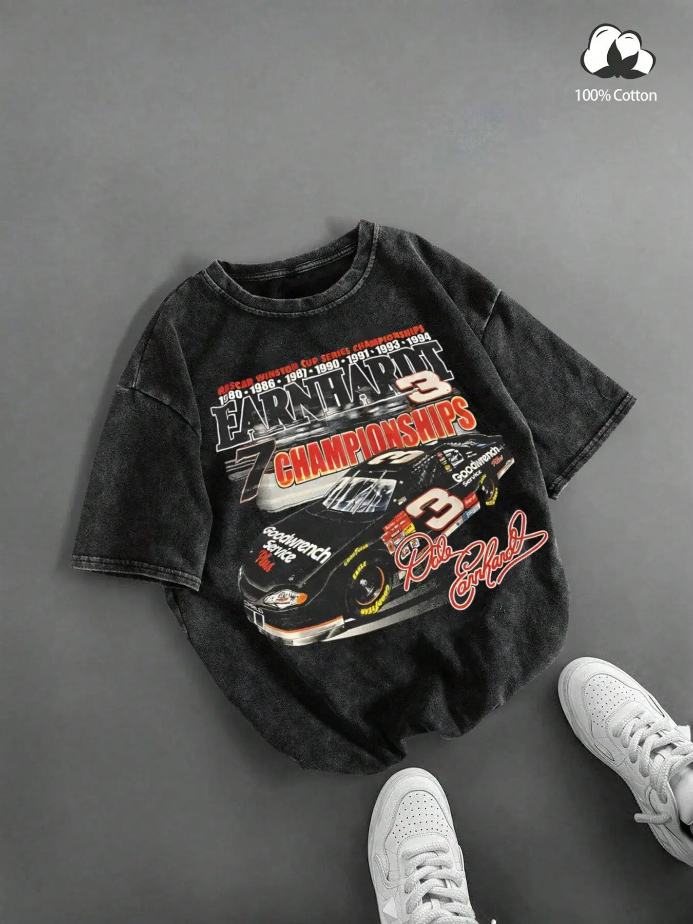 Unisex Vintage Racing Theme Short Sleeve Round Neck T-Shirt, Washed Nascar Champion Graphic Print, Loose Fit Casual Streetwear Fashion Dark-themed outfits suitable for couples Dark-themed outfits suitable for couples Clothes