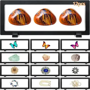 12pcs Transparent 3D Floating Display Stand Set with 12 Storage Boxes & 24 Bases - No Assembly Required, Snap-Fit Plastic Jewelry Organizer for Bracelets, Necklaces, Earrings, Rings - Clear Multi-Purpose Retail & Home Storage