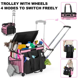 Large Rolling Cleaning Caddy Bag with Detachable Trolley, Waterproof Cleaning Caddy on Wheels for Housekeepers, Cleaning Cart Supplies Organizer for Home,Car,Office,Picnic (Pink)