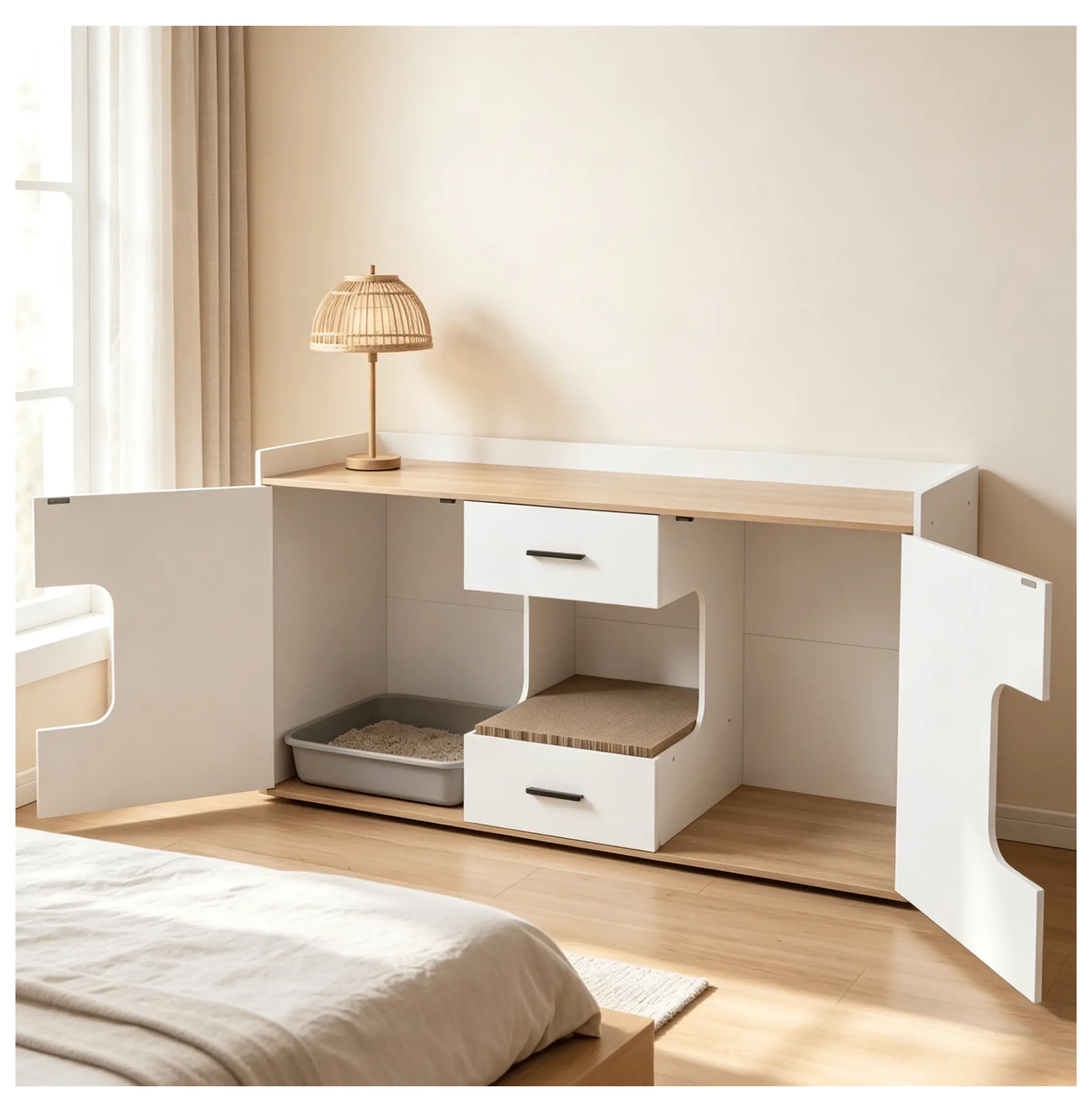 Cat House Furniture with Litter Box Enclosure, Wooden Cat Cabinet with Drawers & Doors, Hidden Cat Washroom & Storage - White White & Natural