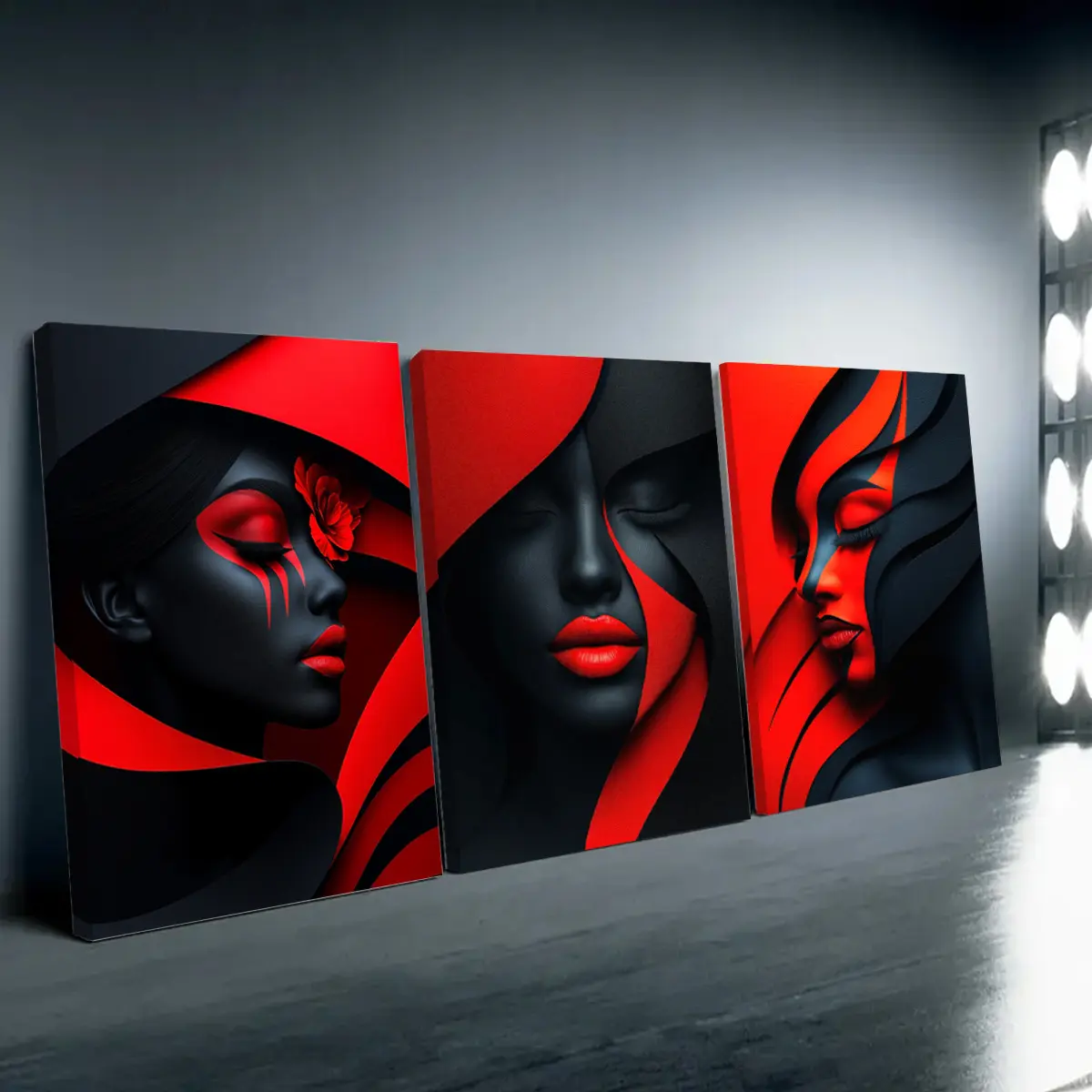 3-Piece Sturdy Framed Wall Art Set - Artistic Modern Abstract African Female Portrait Oil Print Triptych, Red-Black Gallery-Style Plaid 2D Flat Waterproof Glossy Collage, for Home Decor (Father's Day, Juneteenth, Carnival, Thanksgiving Gifts), Black Frida