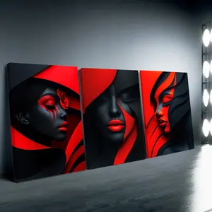 Three-piece modern abstract African female portrait wall art - red and black color scheme gallery-style framed oil painting, suitable for home offices and Zen-inspired entryways, African art triptych modern interior decoration, 2D flat effect, perfectly c