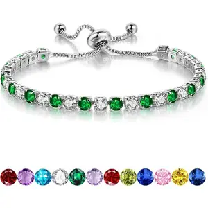 BirthstoneBraceletforWomen,SilverTennisBraceletswithCubicZirconiaAdjustableSliderBraceletBirthdayMother'sDayGraduationGiftsforHerMomWifeGirlfriend