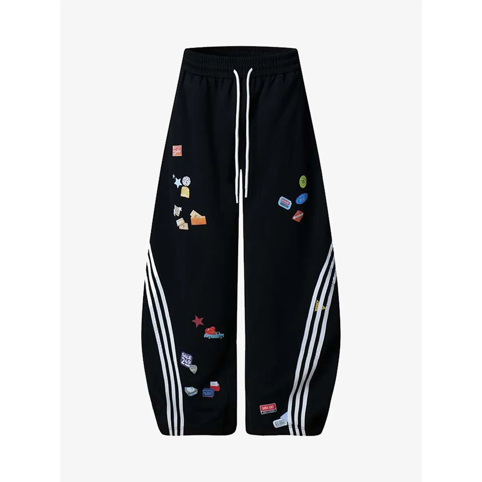 Supermade Unisex Sporty Chic Striped Pants with Embroidery Patches, Wide-Leg Barrel Fit Streetwear with Drawstring Waist, Sportswear, Colorful, Activewear, Menswear, Athletic