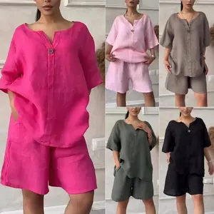 Women's 2-Piece Plus Size Cotton-Linen Clothing Set, 2026 Summer Elegant Solid Loose Shirt and High-Waisted Shorts, Women's Clothes for Curvy Figures