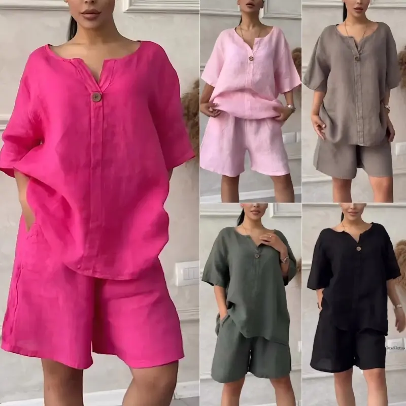 Women's 2-Piece Plus Size Cotton-Linen Clothing Set, 2026 Summer Elegant Solid Loose Shirt and High-Waisted Shorts, Women's Clothes for Curvy Figures, 2 Piece Sets Women, Plus Size Clothes