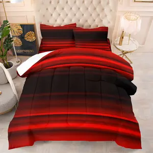 Red Black Gradient Striped Comforter Set, 1 Comforter & 1-2 Coreless Pillowcases, Dynamic Striped Design, Soft Warm Polyester Fiber Wadding, Stylish Dark Theme Bedroom Decor, Fashionable Gift for Men and Women
