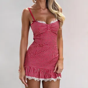 Women's Summer Plaid Cami Dress Sleeveless Lace Trim Hem Mini Spaghetti Strap Dress 100% Elastane Plaid Pattern