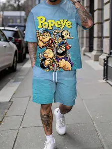 Men's Spring and Summer Casual Short-Sleeve Set, Popeye the Sailor Man Print Trendy Fashion Short-Sleeve Set, Trendy Short-Sleeve Shorts Set, Vacation-Style Trendy Outfit, Breathable Sporty Casual Style, Perfect Gift for Men on Festivals