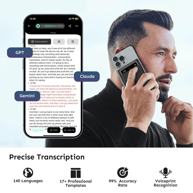 AI Voice Recorder with App Control : AI Transcription, Summarization & Mind Maps, Portable AI Note Taking Device with Case 64GB Memory Recording for Calls, Speeches, Meetings, Interviews