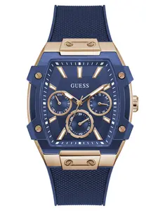 GUESS Male Rose Gold-Tone and Blue Silicone Multifunction Watch