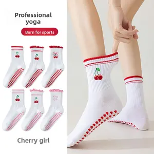 Cartoon yoga socks for women, white mid-calf socks, non-slip fitness Pilates sports floor socks