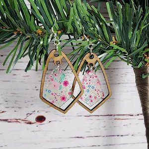 Floral acrylic and wood earring
