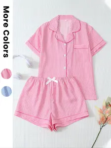 Two-piece Spring and Summer Blue and White Striped Print Pajamas Set Sweet and Cute Lapel Button-up Top and Bow Shorts Women's Pajamas and Loungewear