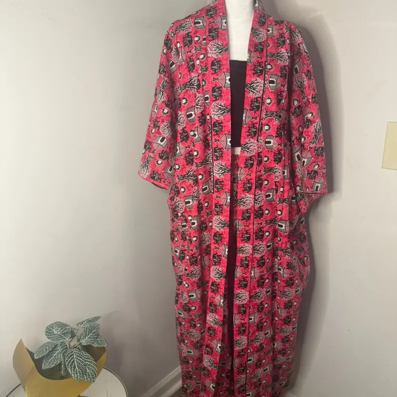Women's 2-Piece Traditional African Print Kimono Set - Long Sleeve Open Front Top, Wide-Leg Loose-Fitting Pants, Casual Chic All Seasons Party Ready Statement Matching Clothes