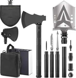 Axe, Camping Folding Shovel with Hatchet with Large Shovel  and 1.6-3.1 Ft Extented Handles, High Carbon Steel  Gear Equipment, Storage Bag Included
