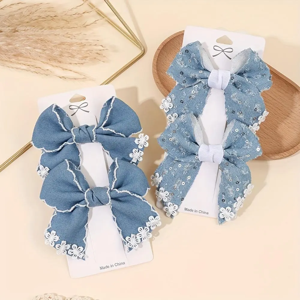 2-Pack Sweet Denim Bow-Knot Hair Clips, Floral-Shaped Rhinestone-Accented Blue Hairpins with All-Inclusive Clip Buckles, Cute Fashion Accessories, Floral-Shaped Hair Clips