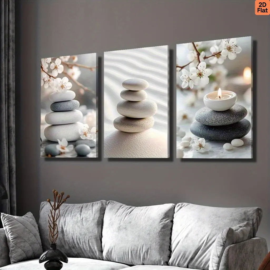 3-Piece Decorative Wood-Crafted Flower Wall Art Set - 2D Flat Triple Panel Print, Tranquil Stones, Candlelight Design, Glossy Waterproof Coat, 12x16in/30x40cm, Trendy Home Decor for 4th of July, Father's Day, Juneteenth, Military, Carnival