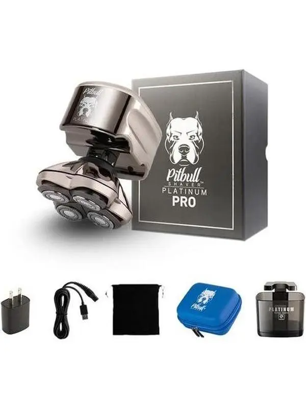 Rhodey Pitbull Platinum Skull Cordless Electric Razor Shaver Kit (PBP4-8700) - 4 Stainless Steel Blades, IPX5 Water Resistant, Ergonomic Handle, USB Charging Cord, Travel Pouch, Dry-Use for Close Shaves