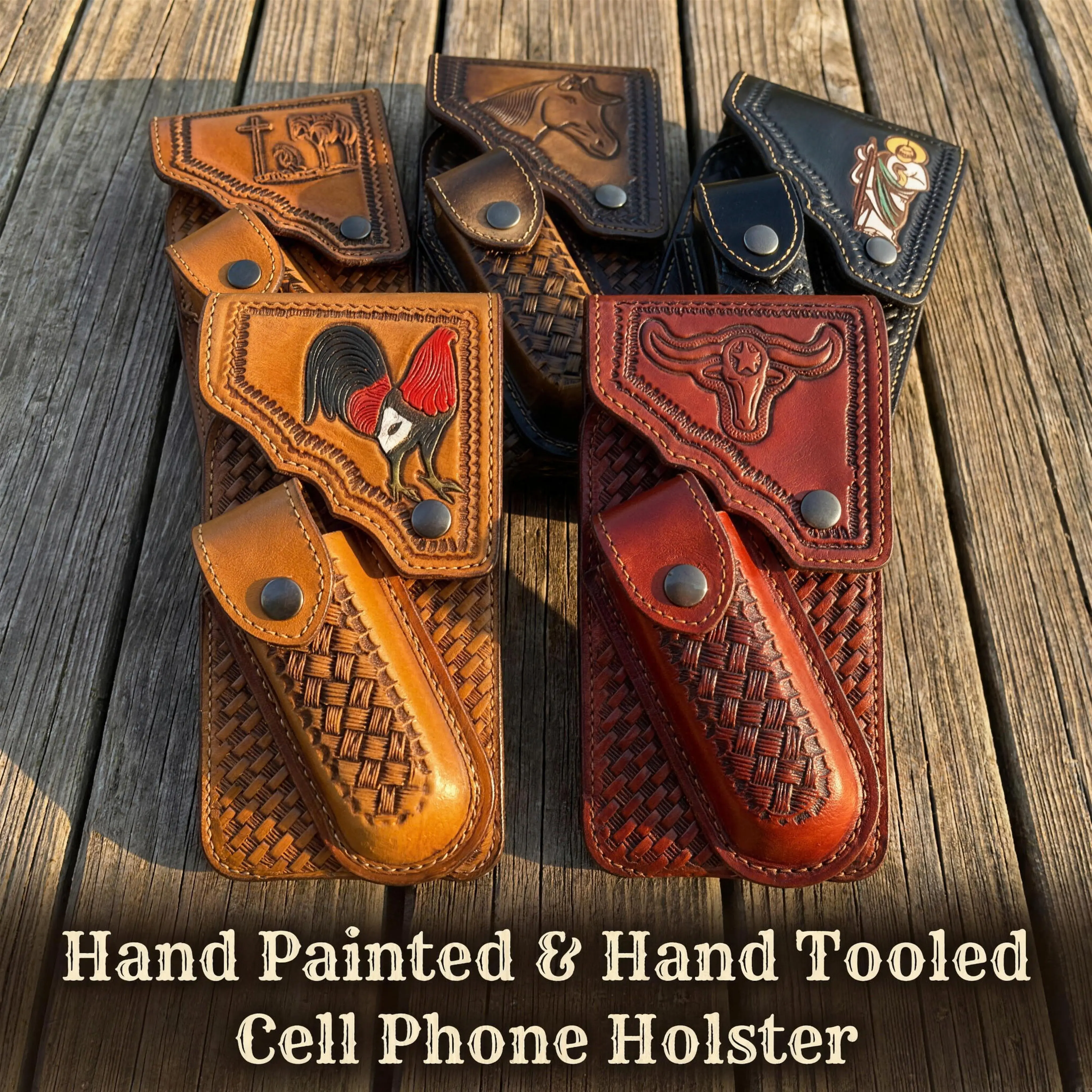 Western Leather Cellphone Belt Holster & Knife Holder – Painted & Tooled 5 Styles