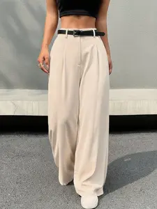 Commute Casual Long Pants, Women Wide Leg Loose Fit Solid Color, All-Day Comfort, Versatile Fashion, Suitable for Daily Wear, Includes Belt