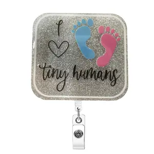 I Love Tiny Humans Letter Pattern Badge Holder, 1 Count Glitter Badge Holder with Retractable Badge Reel, Identification Badges & Supplies for Office