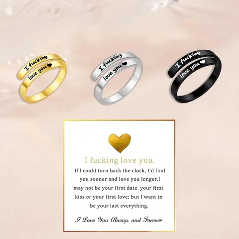 I Fvcking Love You Ring for Women, Open Adjustable Stainless Steel Engraved Heart Spiral Wrap Twist Vintage Promise Rings Inspirational Jewelry for Wife Girlfriend