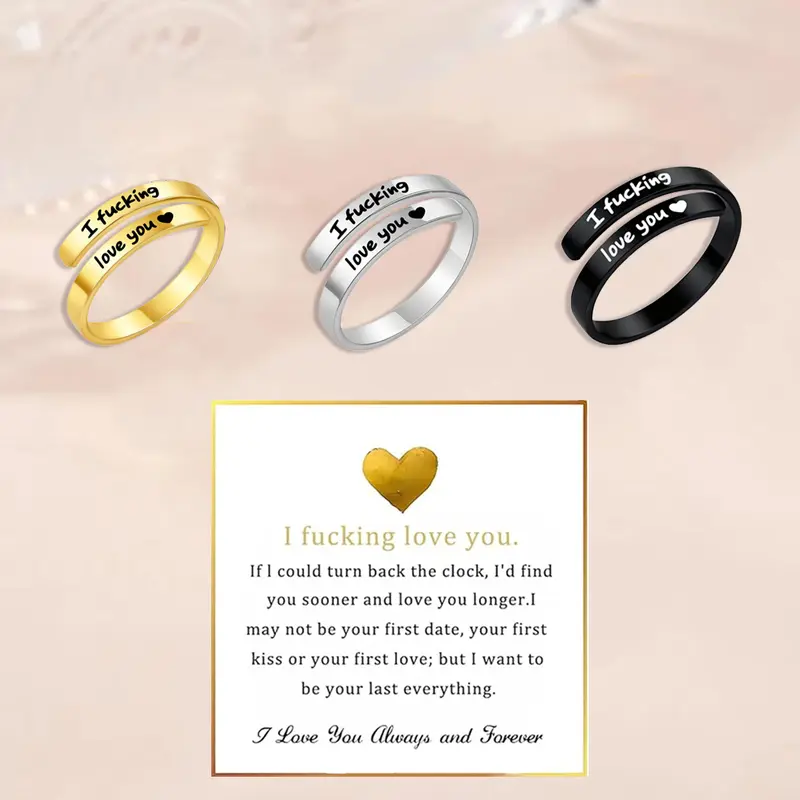 I Fvcking Love You Ring for Women, Open Adjustable Stainless Steel Engraved Heart Spiral Wrap Twist Vintage Promise Rings Inspirational Jewelry for Wife Girlfriend