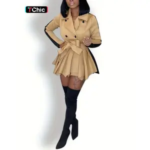 Women’s colorblock double-breasted pleated belted blazer dress, elegant lapel-neck long-sleeve short dress for fall and winter, women’s clothing for everyday wear