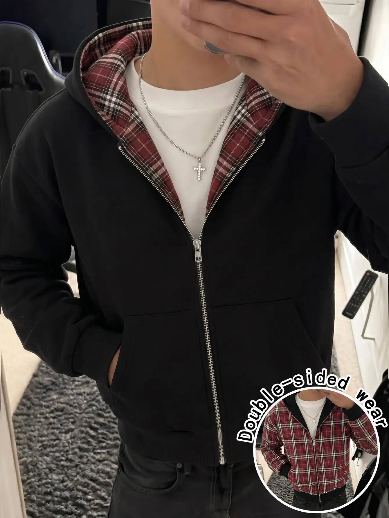 Men’s cotton zip-up hooded jacket with plaid lining, reversible wear (front/back), loose long sleeves, street casual style with pockets