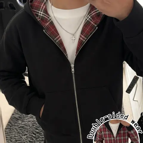 Men’s cotton zip up hooded jacket with plaid lining, reversible wear (front/back), loose long sleeves, street casual style with pockets