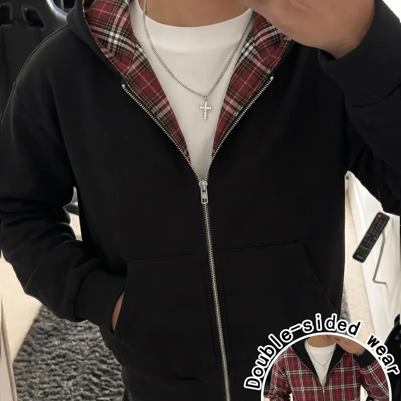 Men’s cotton zip up hooded jacket with plaid lining, reversible wear (front/back), loose long sleeves, street casual style with pockets