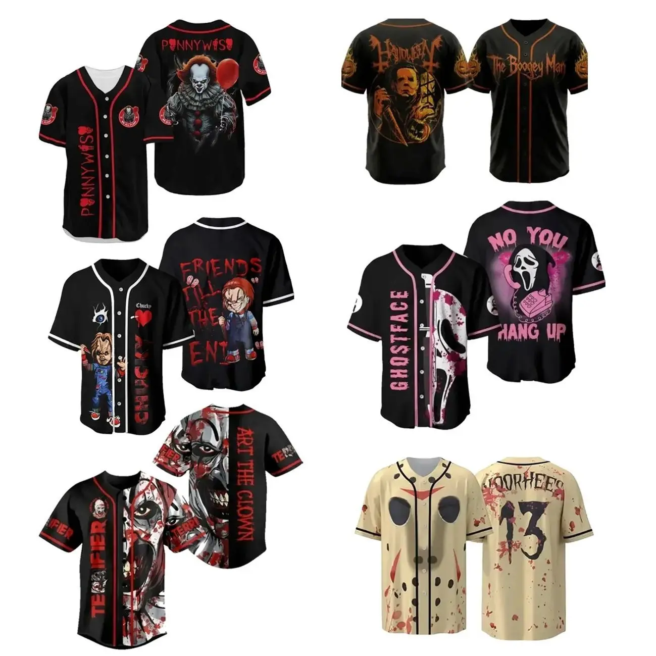 Classic Horror Movie Baseball Jersey, Halloween Costume All Over Print Baseball Jersey, Spooky Season Shirt, Horror Movie Night