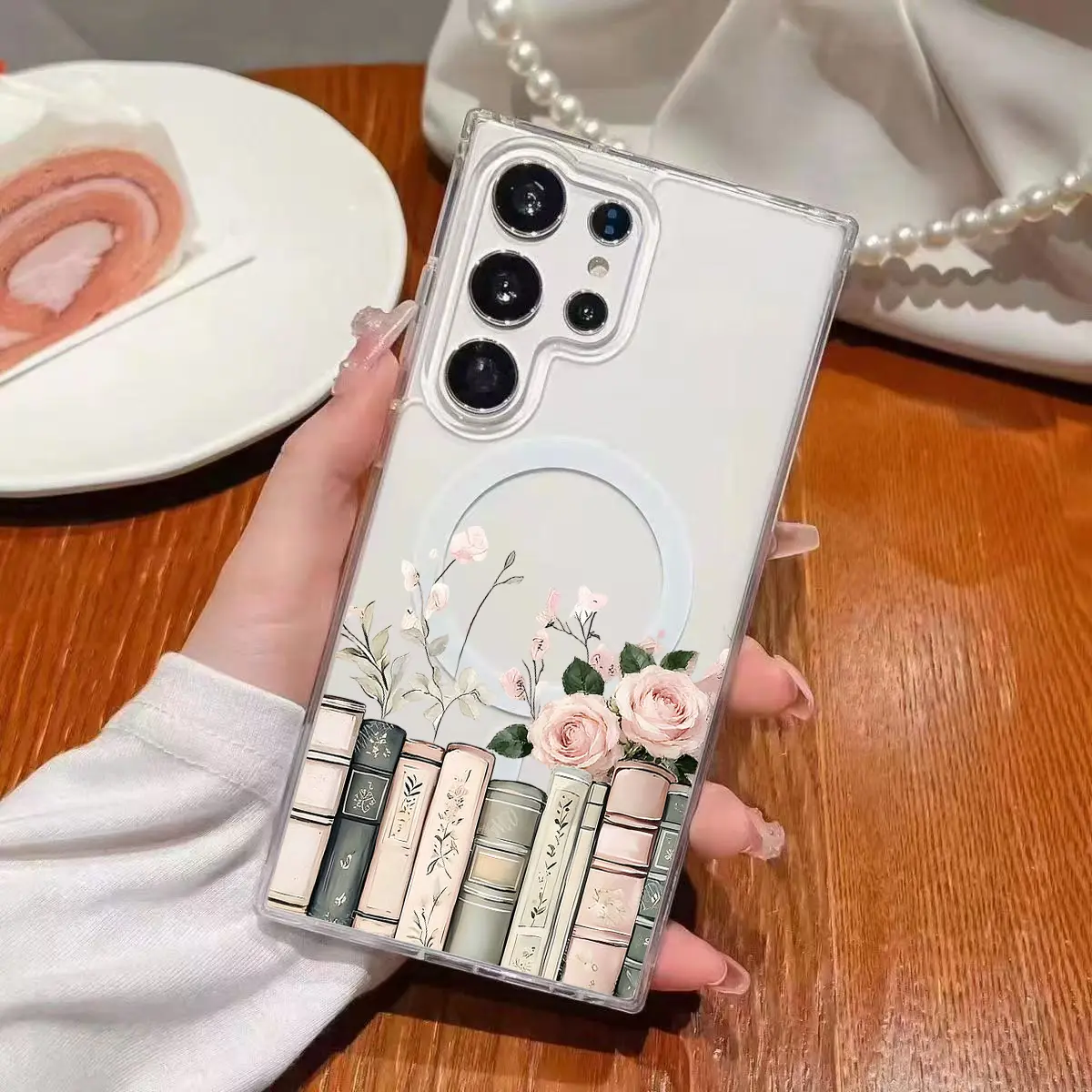 Vintage Floral Bookshelf Pattern Clear Wireless Charging Protection Shockproof Slim Magnetic Phone Case for Samsung Galaxy S25 S24 Ultra S23 S22 Plus Edge FE A14 A15 A16 A35 A36 A54 A56 Note20ultra