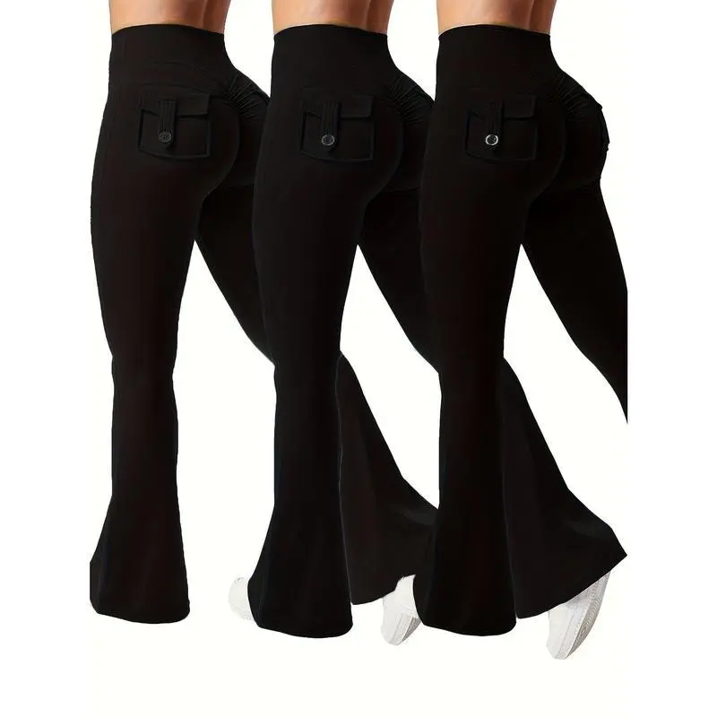 3pcs Of Black, Gray And Green Fashionable Workwear Style Bell Bottoms, Women&#     39;s Casual Bell Bottoms, High Waist Pocket Sportswear, Work Style Peach Hip Pants, Sports