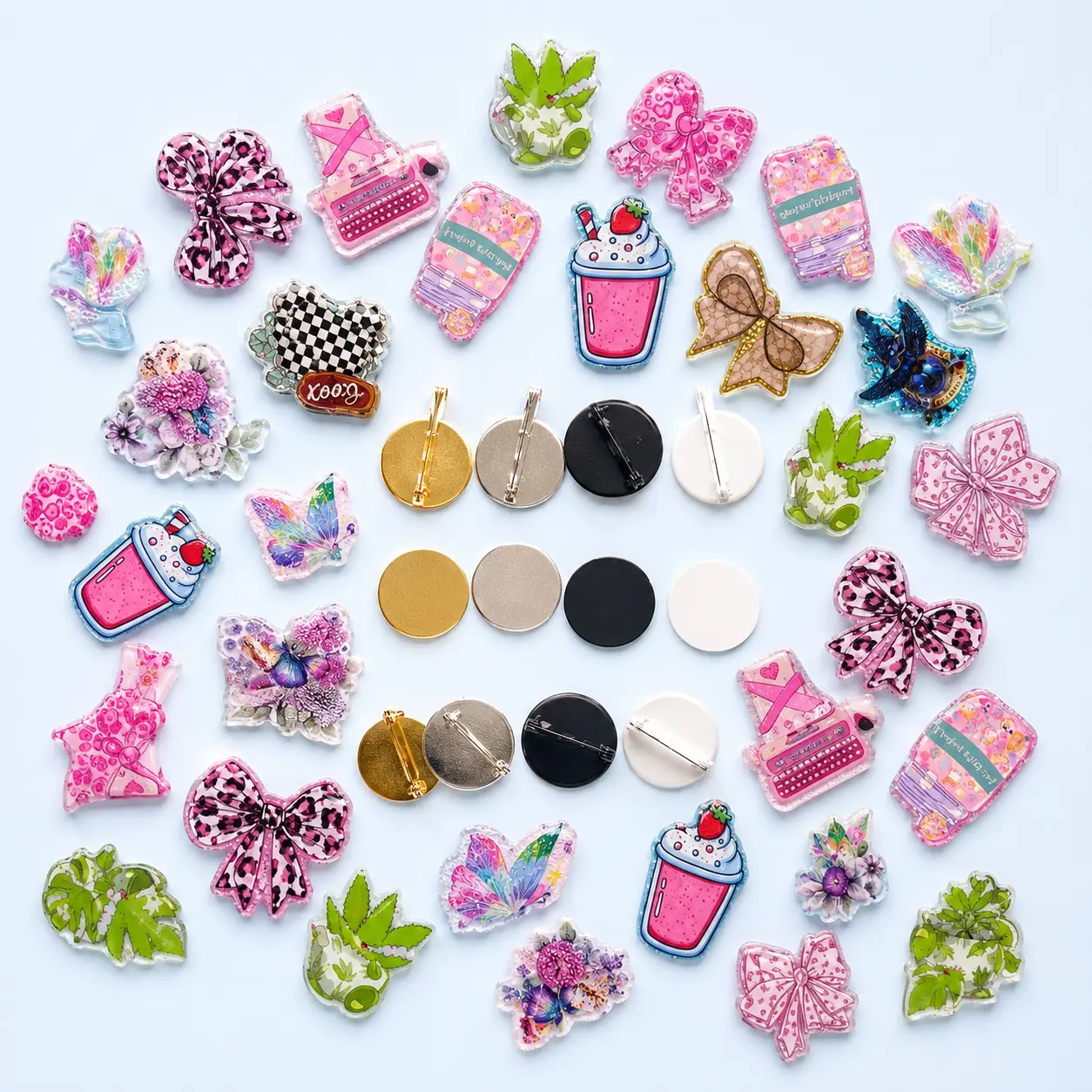 100pcs DlY Cartoon brooch—50pcs Cartoon DIY Acrylic Cartoon FlatBack+50pcs Basic Brooch Circle Drop Set Pins Durable Metal Pins Butterfly Dandy
